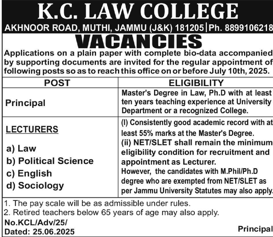 KC Law College Jammu Jobs 2025.