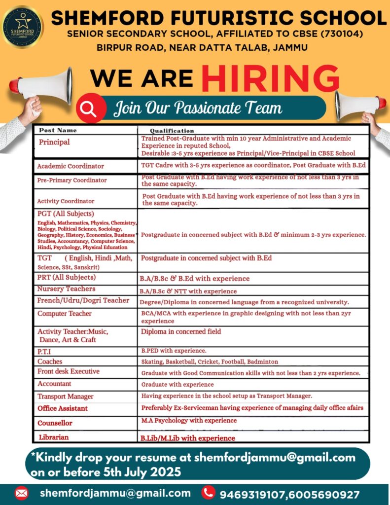 Shemford Futuristic School Jammu Various Jobs.