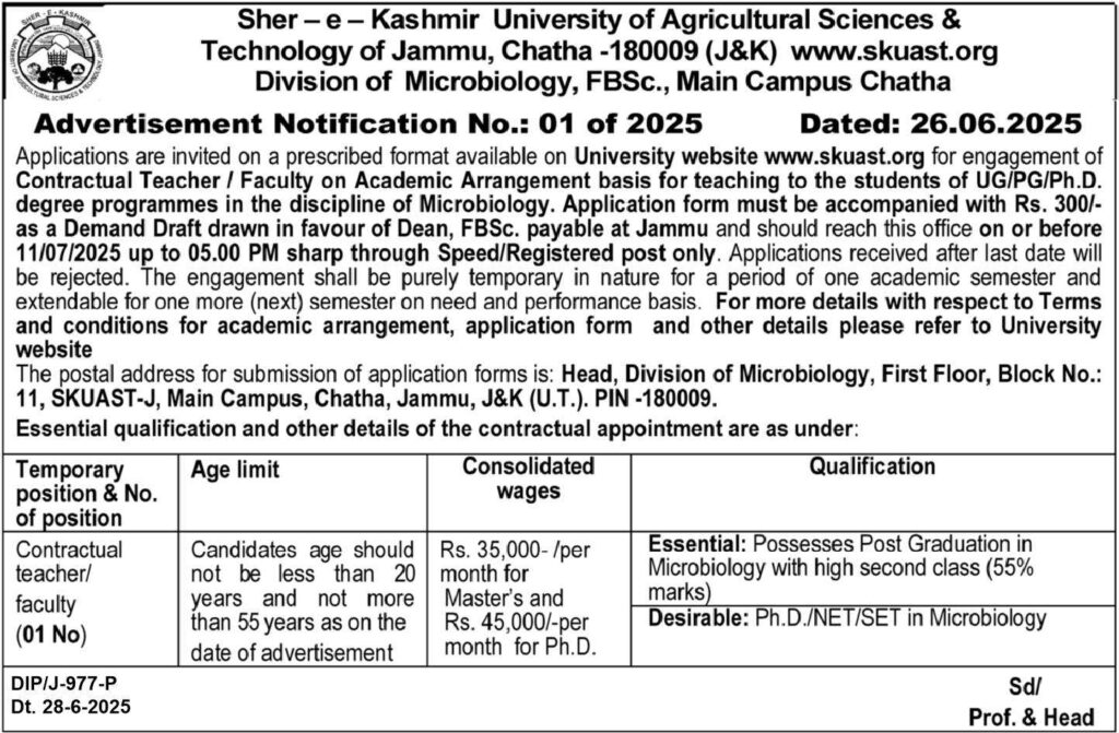 Sher-e-Kashmir University of Agricultural Sciences & Technology of Jammu Jobs.