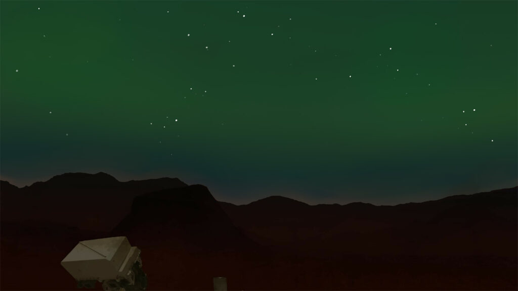 The first picture of a visible aurora on Mars, taken by Perseverance