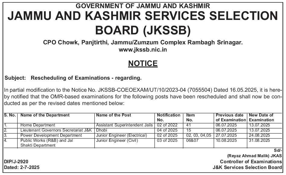 JKSSB Exam Rescheduling Notice | jkalerts jkupdates